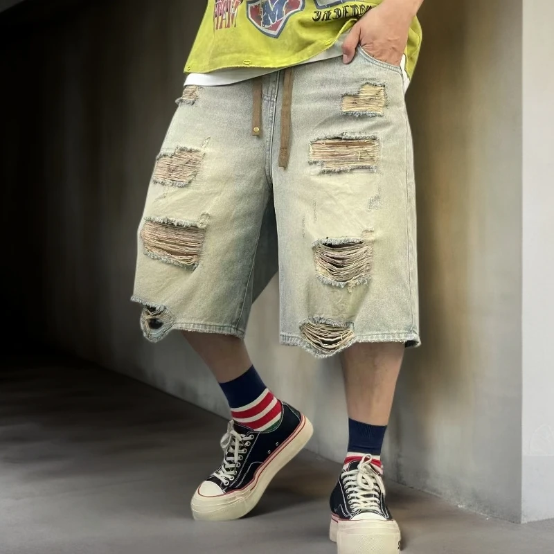 时尚潮流夏季高街日系破洞复古水洗做旧宽松男女同款牛仔短裤8305