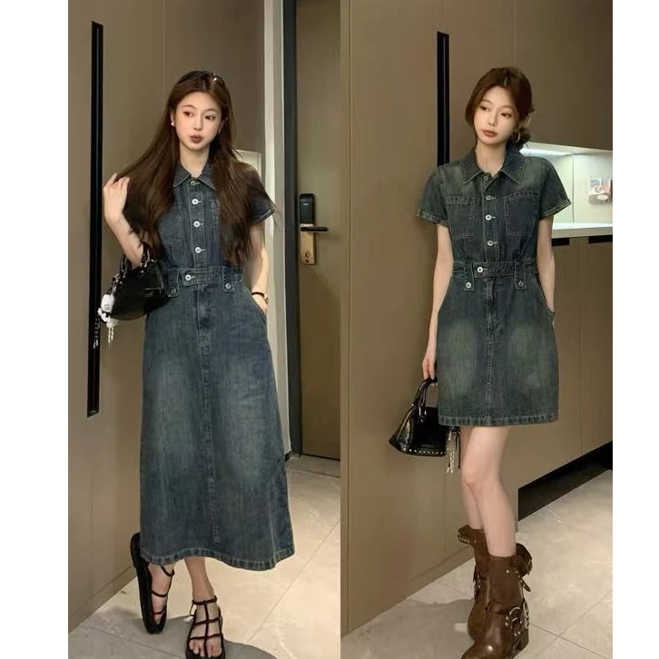 2025夏季新款大码女装显瘦牛仔裙短袖个性闺蜜装收腰连衣裙1575