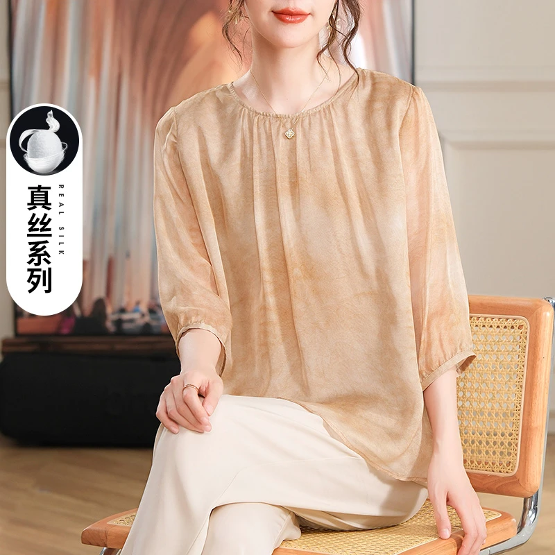 洋气妈妈夏装真丝上衣宽松大码2025新款阔太太桑蚕丝T恤中老年女