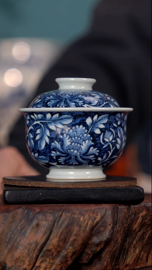 沐朴堂蓝地牡丹盖碗