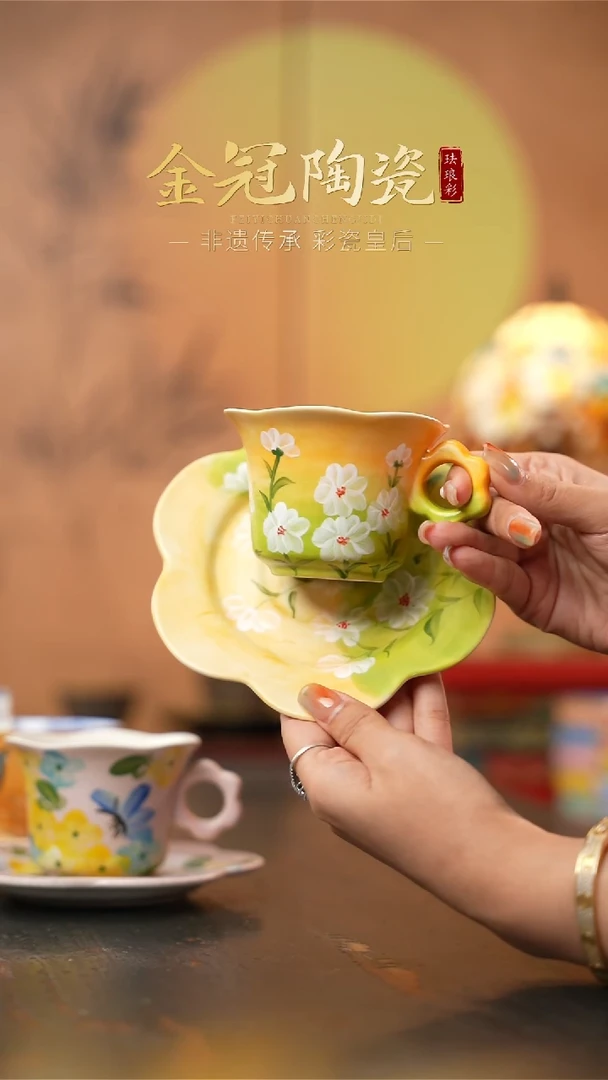 陶瓷【绿影雏菊】二件套咖啡杯【不带勺】