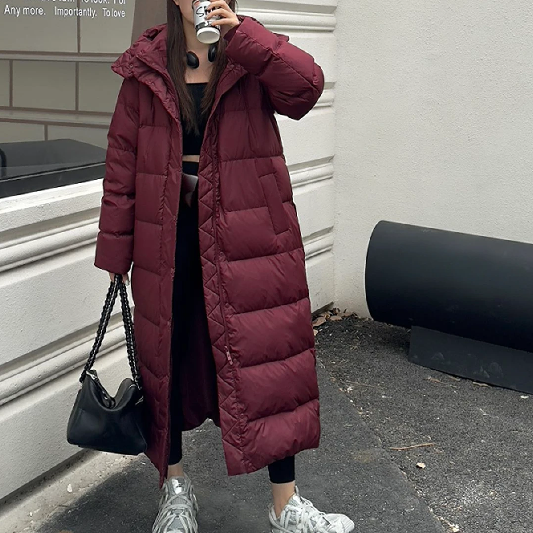 冬季简约风基础款长款连帽羽绒服4546