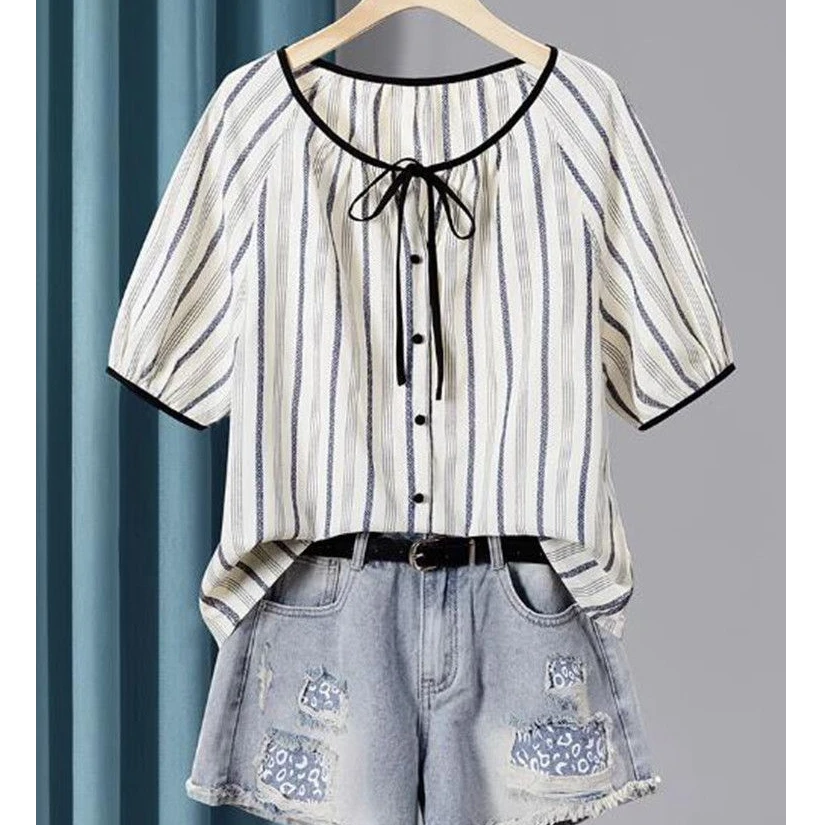 S007 条纹显瘦撞色短袖衬衫女夏休闲别致时尚宽松百搭气质小衫