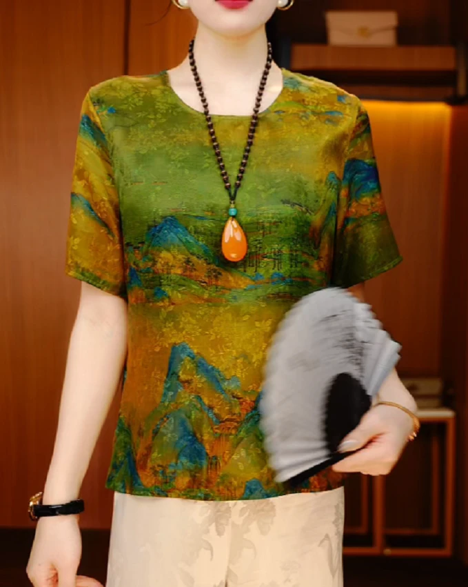 只此青绿-夏季极简风减龄优雅轻奢时尚百搭气质圆领上衣