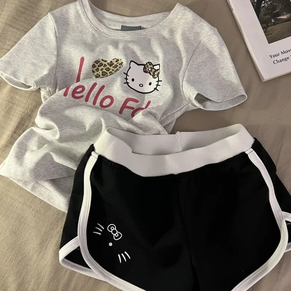 可爱甜美豹纹爱心字母Kitty睡衣女2025夏季短袖短裤家居服套装