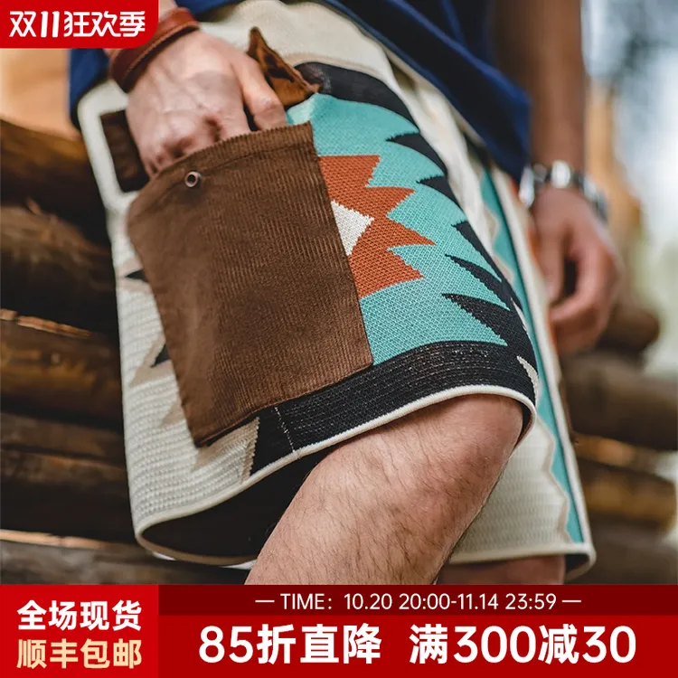 马登工装 美式复古纳瓦霍针织短裤民族风宽松海边沙滩五分裤男夏