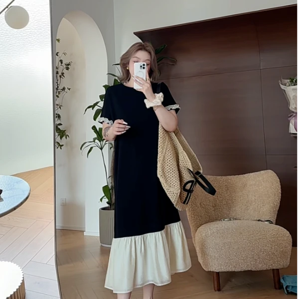 【瘦瘦】夏季大码单色圆领下摆雪纺拼接宽松高弹短袖连衣裙S01367