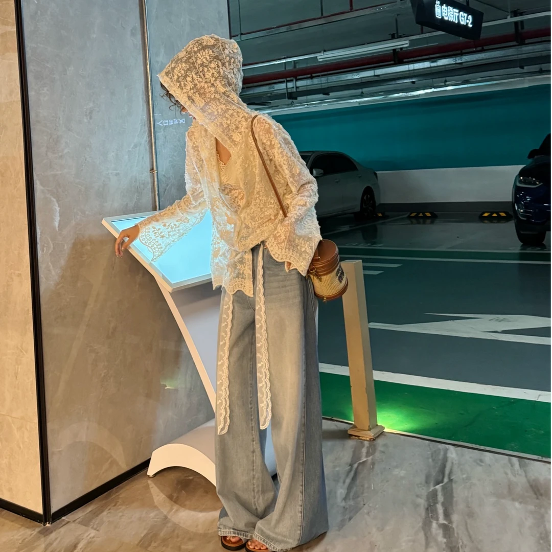 婉君【拉腿神裤】复古做旧拼接牛仔百搭宽松阔腿牛仔裤LWJ25B2K1027