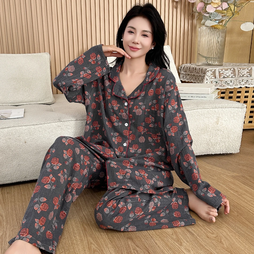 大码睡衣胖mm高级感女士春秋纯棉双层纱布长袖家居服女200斤秋季