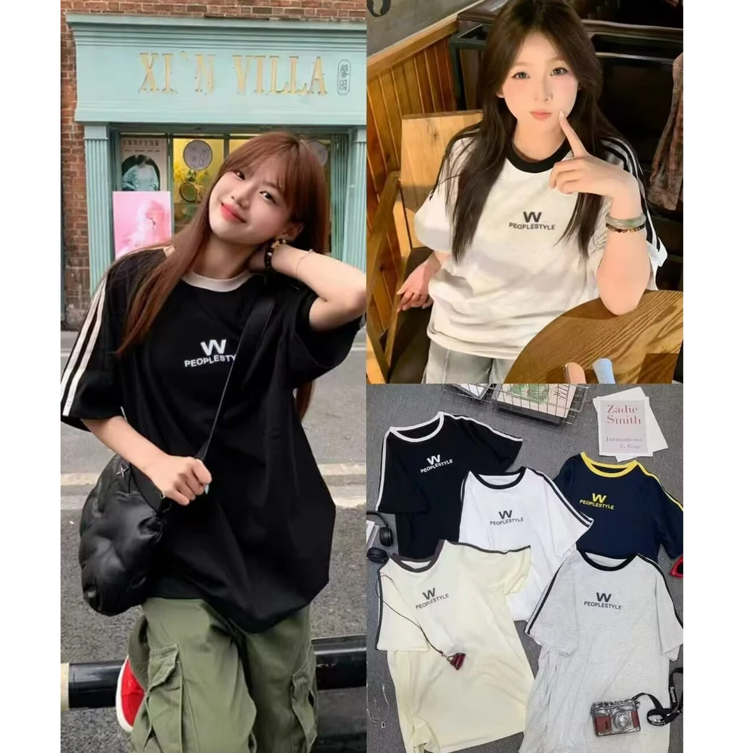 美式纯棉t恤女三条杠短袖上衣情侣装夏季显瘦小个子