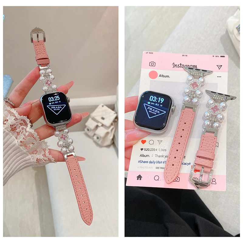 适用苹果iwatchS11S10UltraSE98女款Ins风甜美四叶草串珠真皮表带