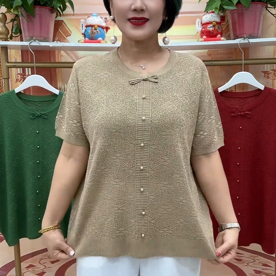 新款百搭碎花拼接薄款女装2025夏款短袖宽松休闲中老年妈妈针织衫