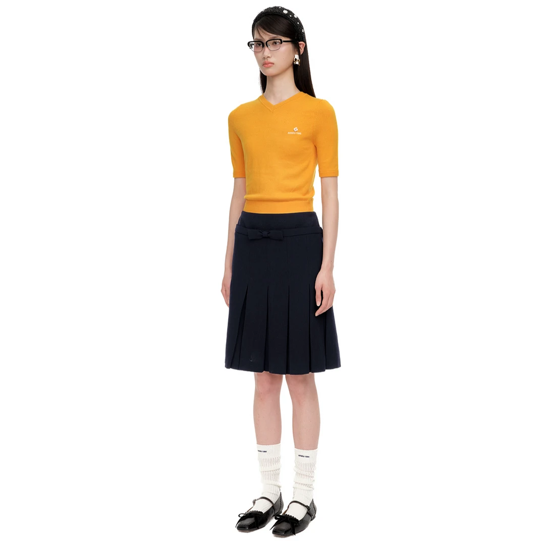 【SHUSHUTONG】2025早秋新款女装裙子百搭潮流蝴蝶结腰饰百褶半裙