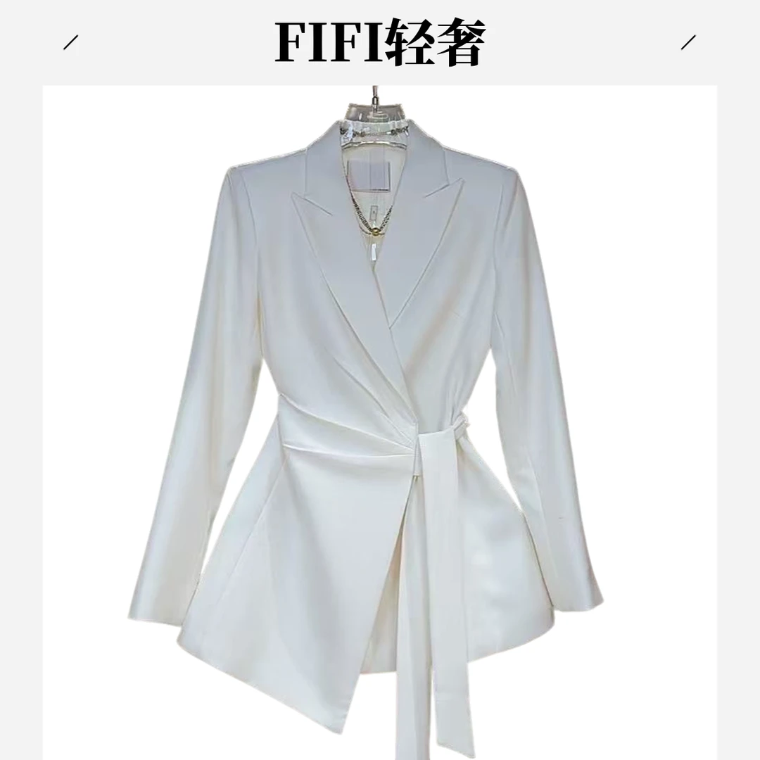 现货现发 W286 秋装新款修身系带纯色拼接纱帘西装显瘦收腰外套