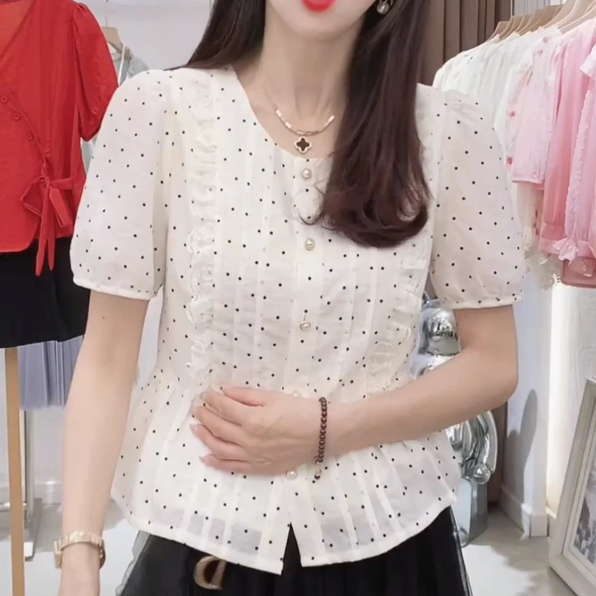 夏季2025新款女式法式气质圆领波点短袖泡泡袖时尚百搭甜美女衬衫
