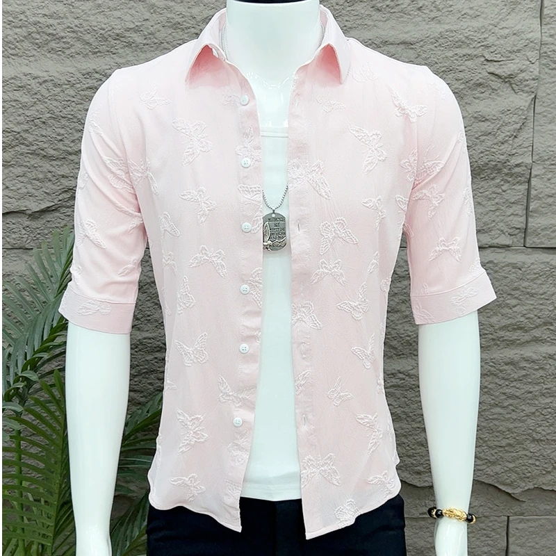 碎花蝴蝶修身衬衫男士短袖夏季薄款2025新款男装中袖男式中袖衬衣