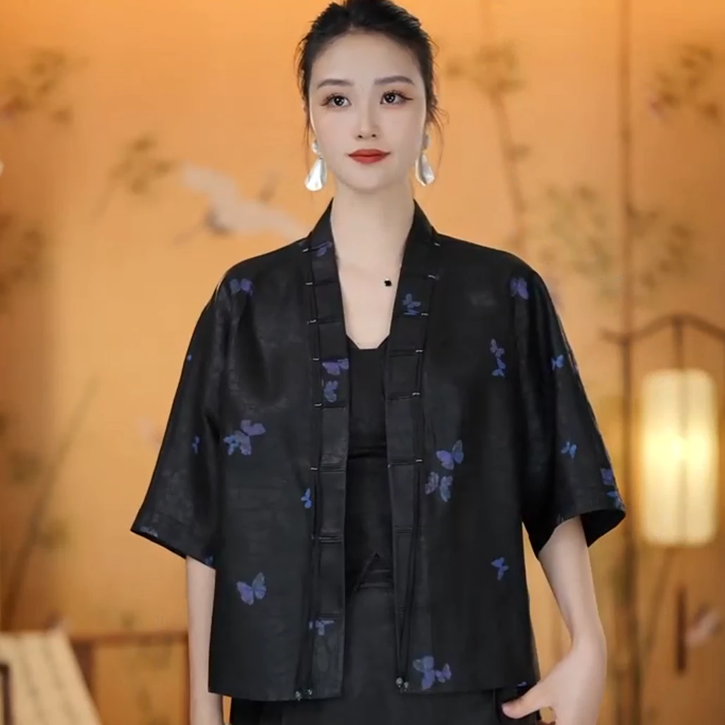 2025新款重磅桑蚕丝香云纱上衣开衫新中式夏季黑色重工短袖UNX711