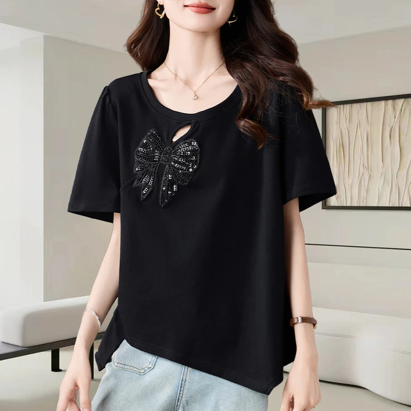 2025夏季新款女士大码不规则设计感时尚百搭宽松遮肉短袖t恤上衣