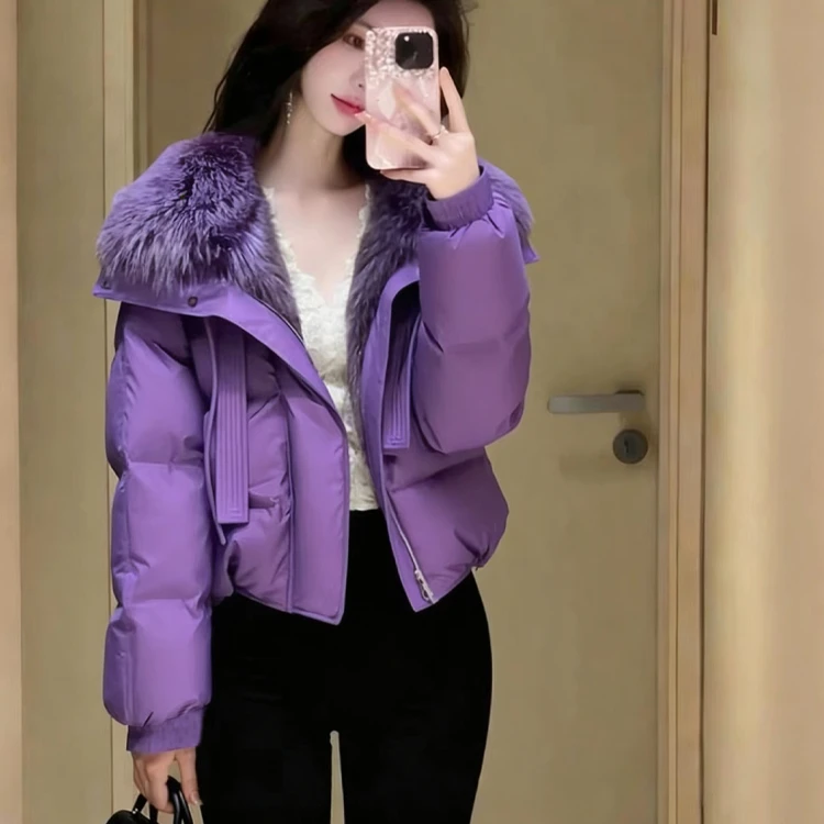 【现货】韩版高级感超好看洋气紫色大毛领棉服女2025年新款冬季外套