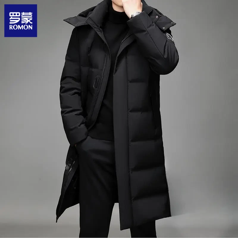 罗蒙羽服新款男士长款外套长款过膝保暖冬装可脱卸连帽加厚羽绒服