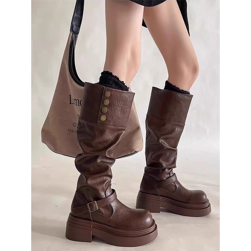 西部牛仔废土风长高筒靴子女2025年秋冬新款厚底堆堆靴两穿骑士靴