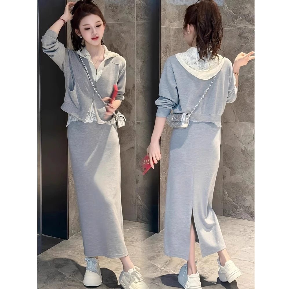 套装裙女春季新款洋气显瘦连帽外套高腰半身裙两件套裙子女装气质
