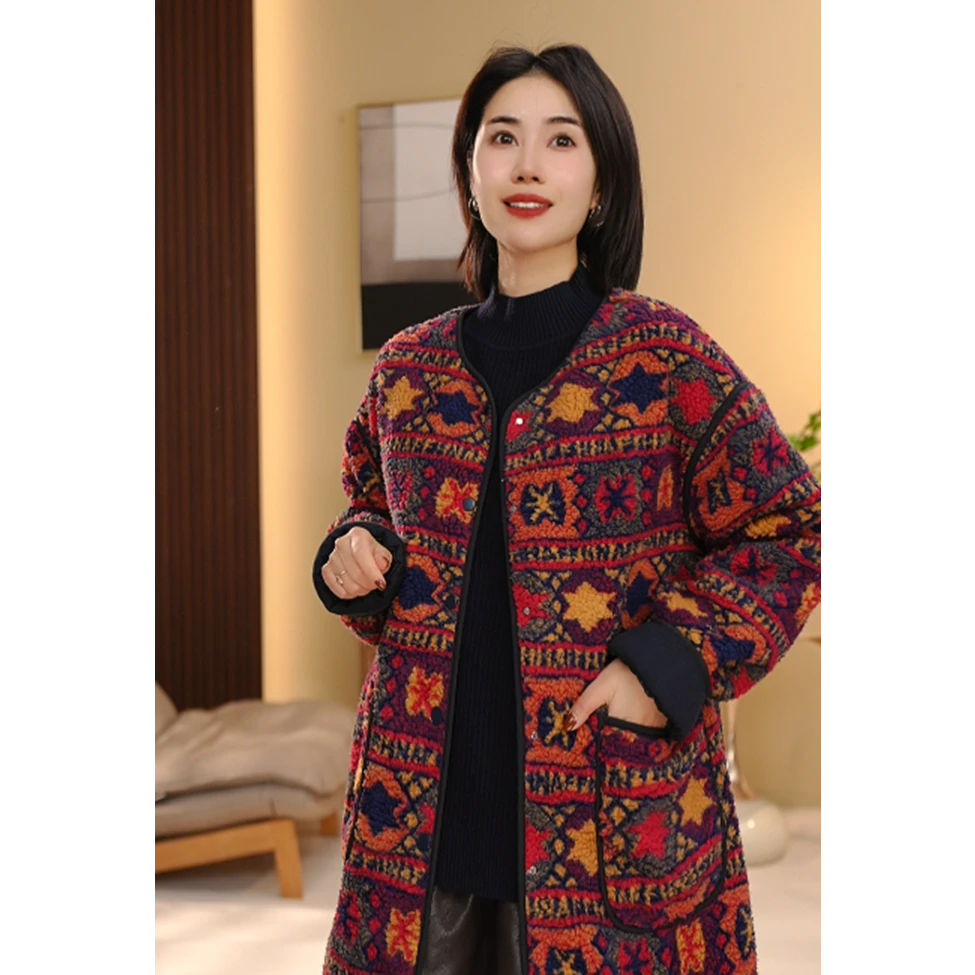 BEIJU 2025冬季新款韩版复古时尚休闲百搭花色颗粒绒加厚外套2587