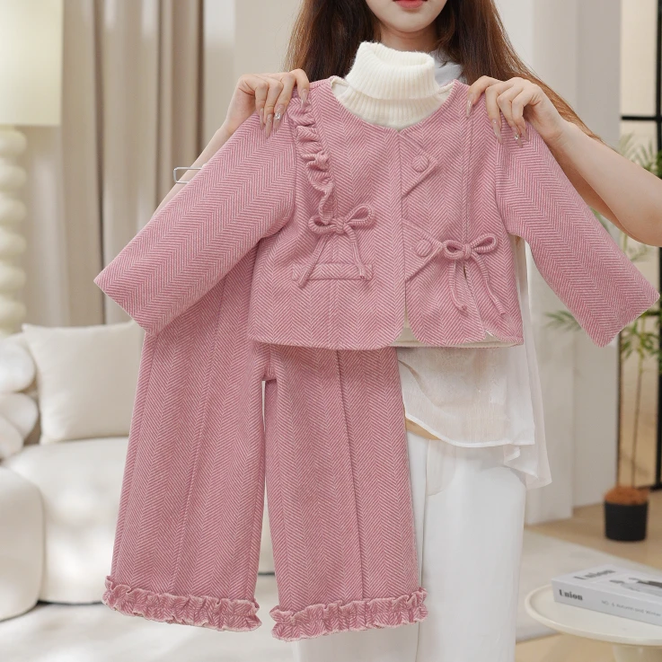 2025秋冬季女童粉色马甲长袖外套上衣内搭长裤套装三件套DA30708