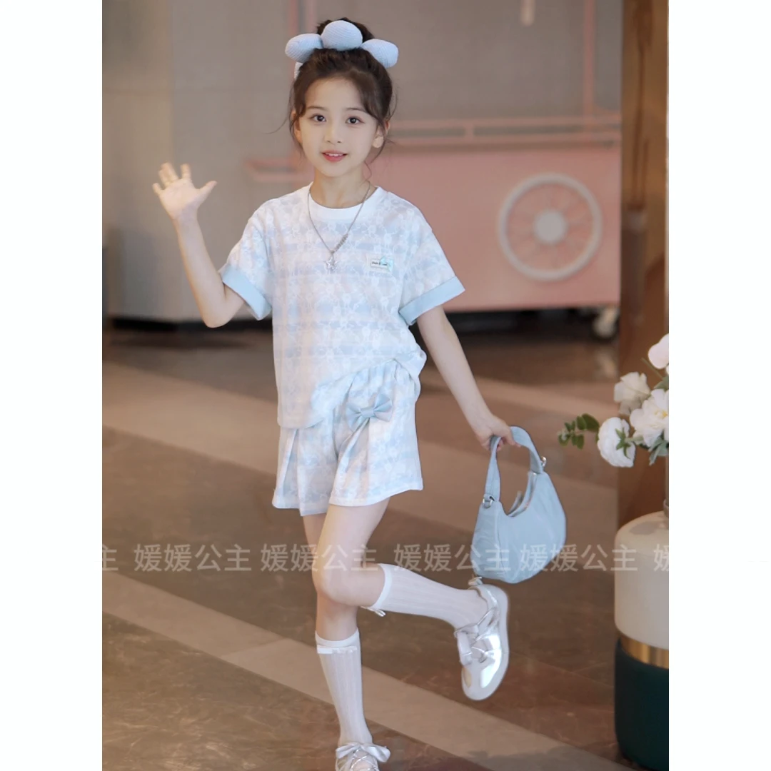 媛媛公主2025夏欧若风气质甜美洋气蝴蝶结短袖女童套装15450R200
