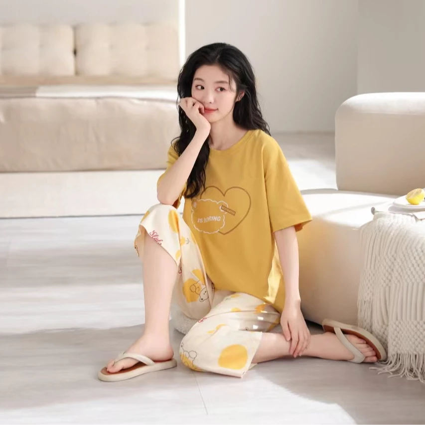 睡衣女夏季纯棉黄色爱心熊短袖七分裤家居服两件套装-2003