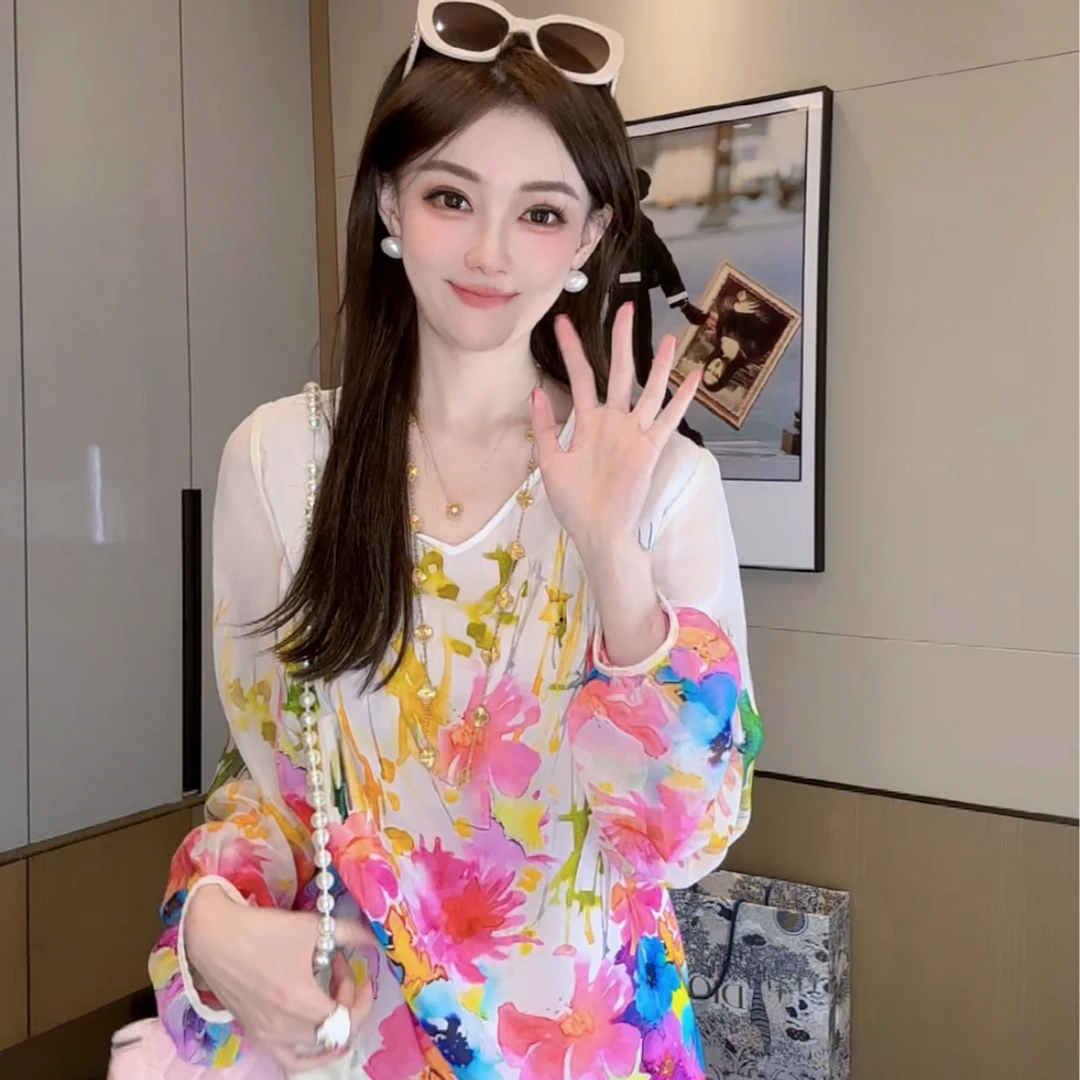 【丝芙玉禄】（F500）100%真丝双绉创意印花彩色桑蚕丝t恤上衣