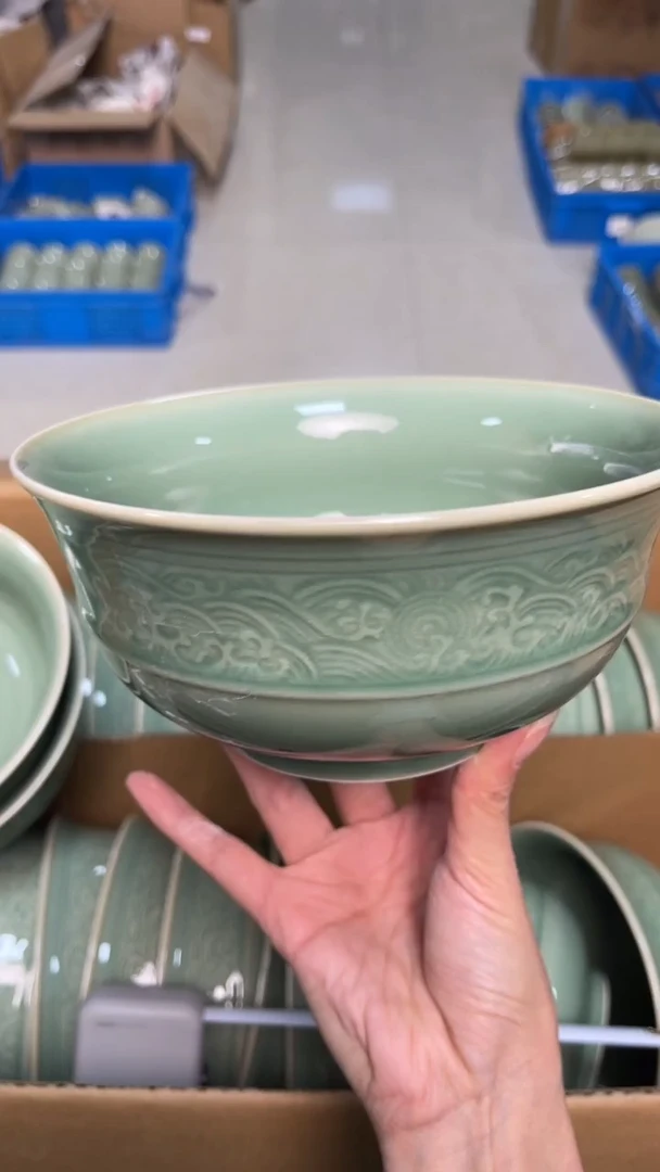陶瓷青瓷7英寸海浪纹大碗 全品 单只