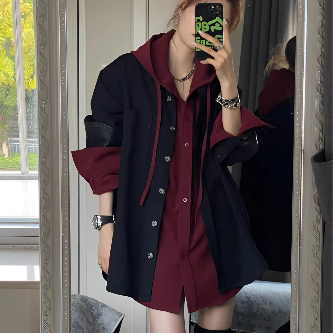 春季新款小众宽松慵懒风两件套穿搭时尚休闲连帽酒红色衬衫中长款