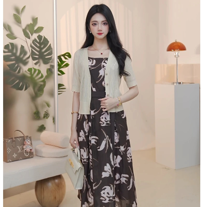 【棉&桑蚕丝】赢智尚酒红色时尚碎花长款连衣裙套装女ZD-ZF03360