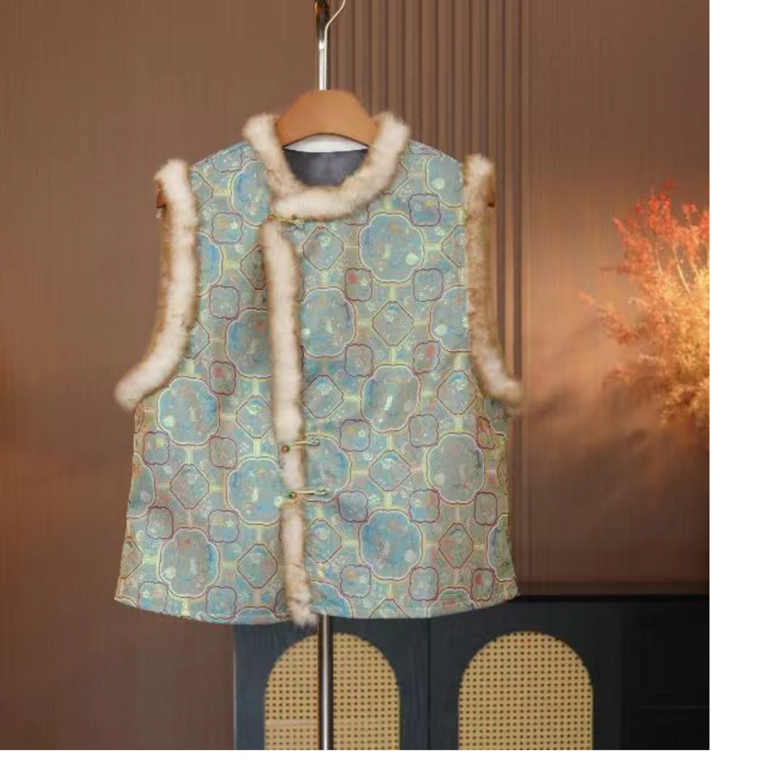 【星茴】新中式斜襟真水貂毛拼接德绒马甲女秋冬新款保暖马夹