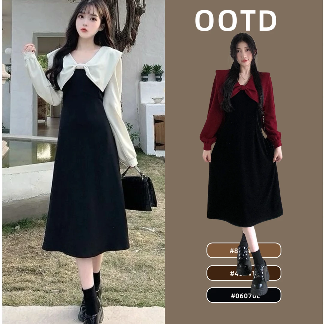 笑咪咪春季新款法式赫本凤减龄显瘦娃娃领假两件孕妇哺乳连衣裙