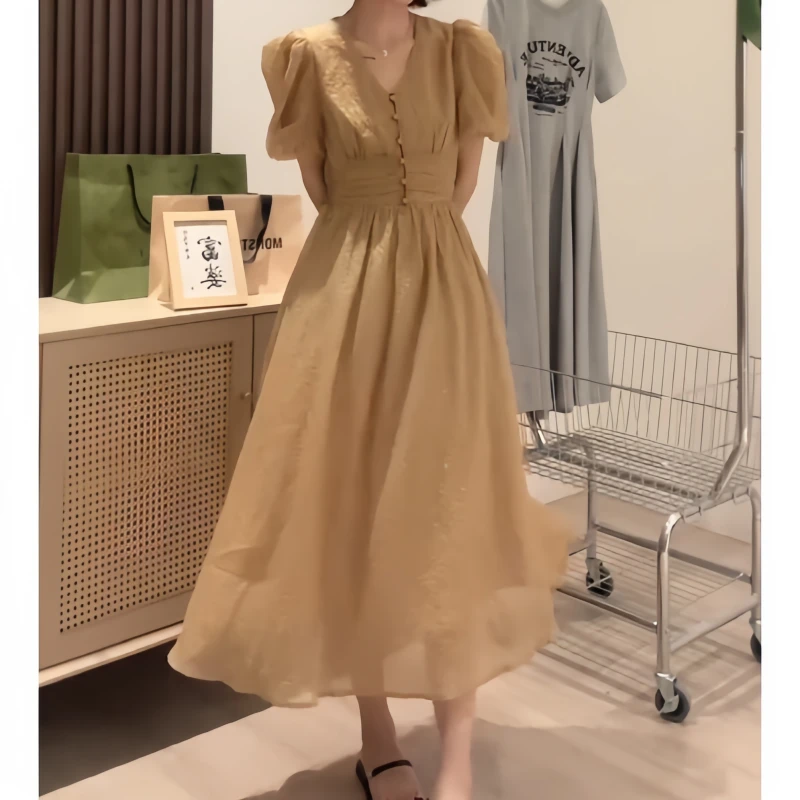 早秋复古风极简风透气连衣裙高腰法式收腰显瘦温柔风设计感气质裙