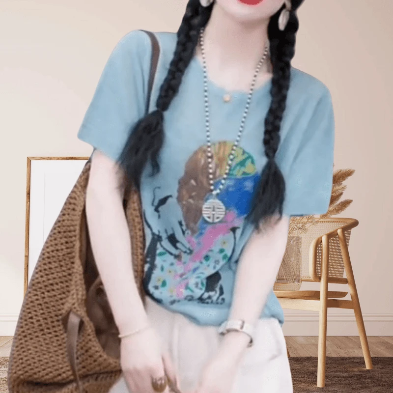 夏季新款圆领设计感短袖上衣高级感气质时尚百搭显瘦薄款透气T恤