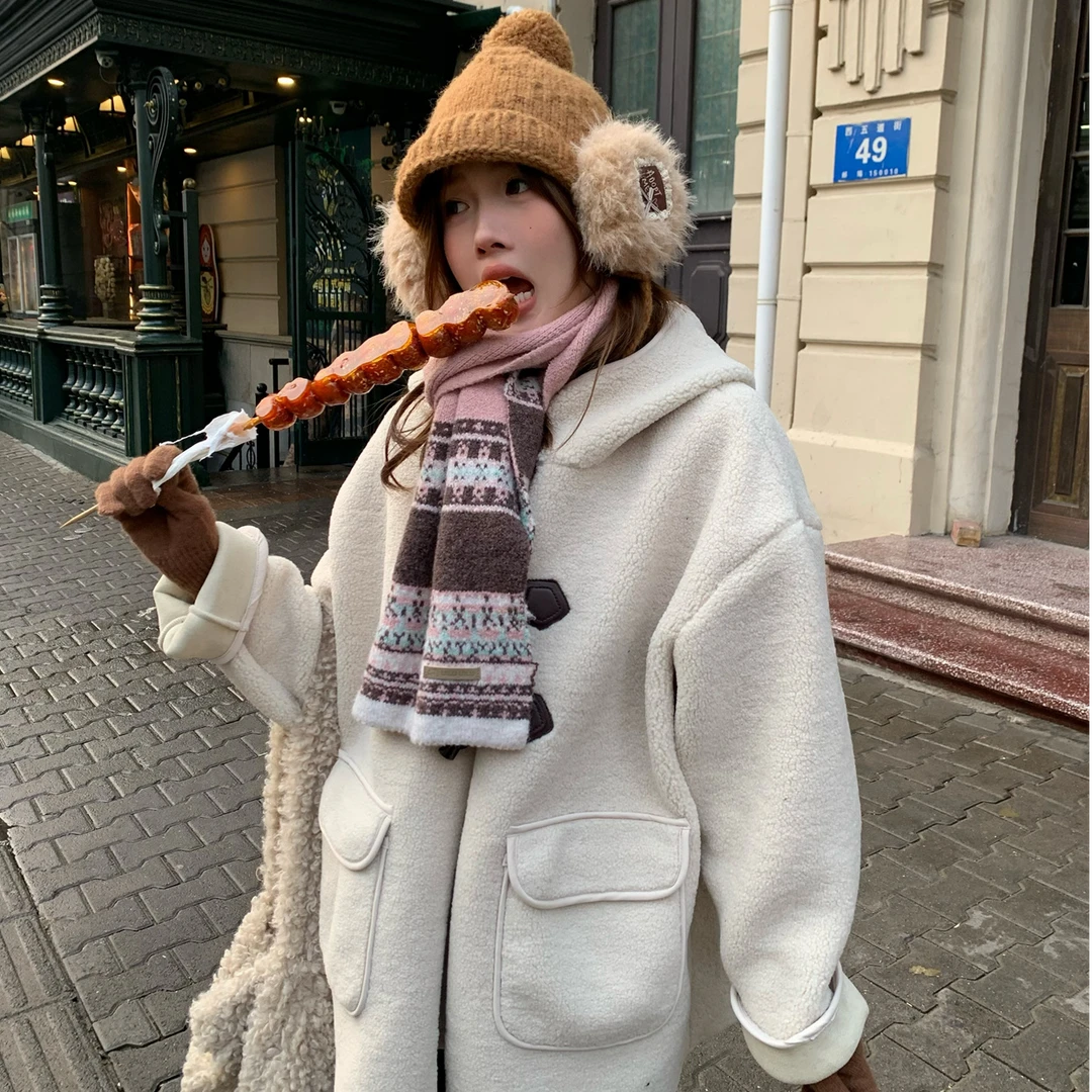 秋冬季奶酪羊羔可爱软糯牛角扣加厚内里外套百搭保暖厚棉衣加绒