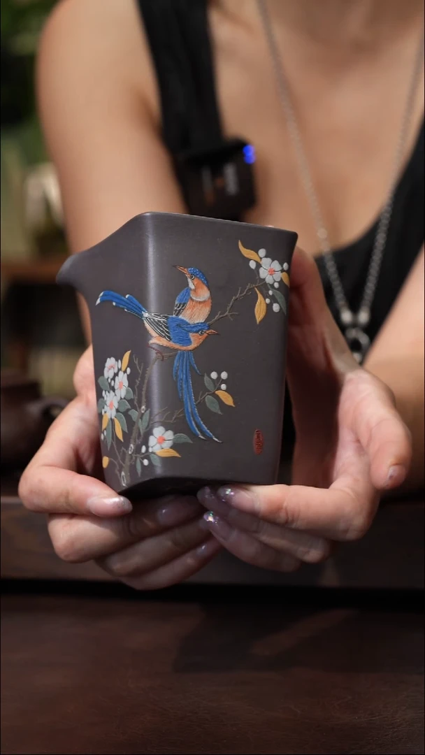 茶壶紫砂天青泥绘全手公道杯