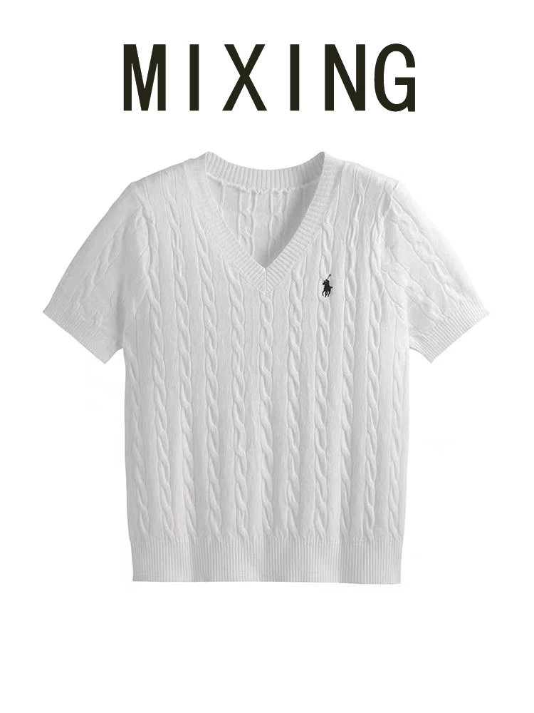 【MIXING】麻花刺绣马儿V领气质短袖软糯羊绒针织衫上衣T恤韩版802