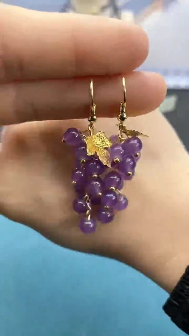 【闪购商品】玛瑙/玉髓耳饰14K金镶嵌紫色葡萄耳钩