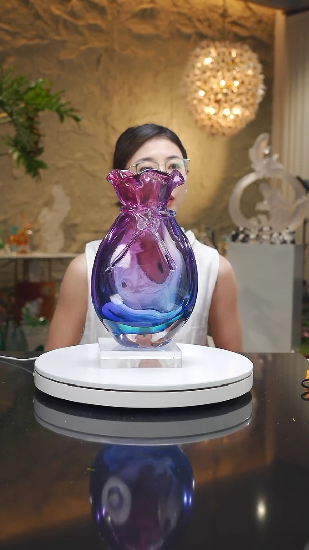 琉璃手工艺品设计款金红蓝钱袋花瓶小号