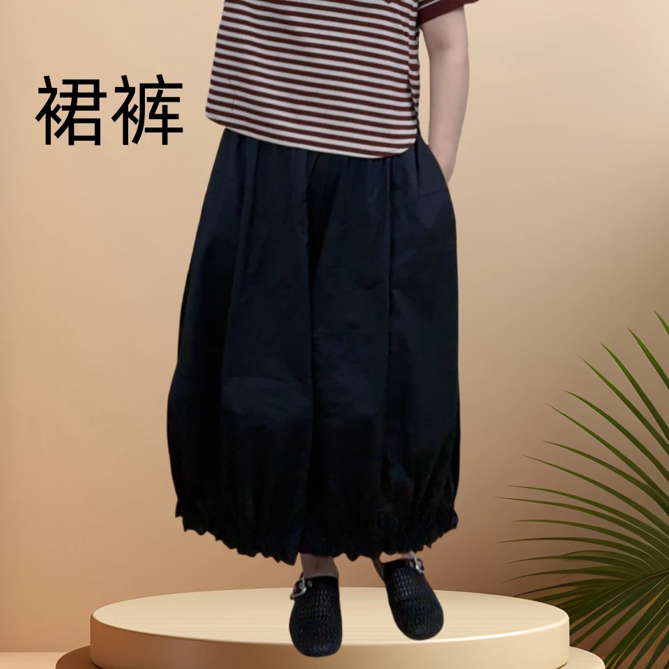 夏季裙裤休闲裤复古常规款松紧时尚八分裤短裤黑色常规宽松阔腿