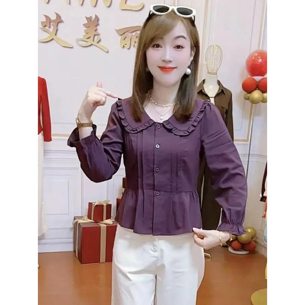 时尚设计感简约娃娃领短款长袖衬衫女2025秋季新款显瘦休闲上衣潮