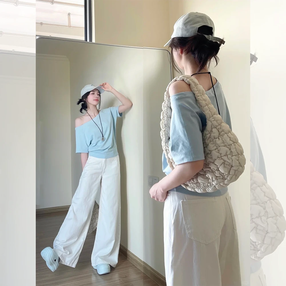 夏珍 浅蓝色斜肩露肩短袖T恤女夏2025新款宽松显瘦一字肩辣妹上衣