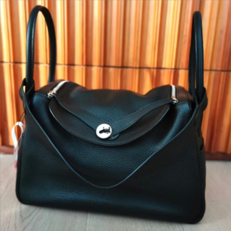 99新 Hermes/爱马仕 lindy34黑银扣tc皮T单肩包