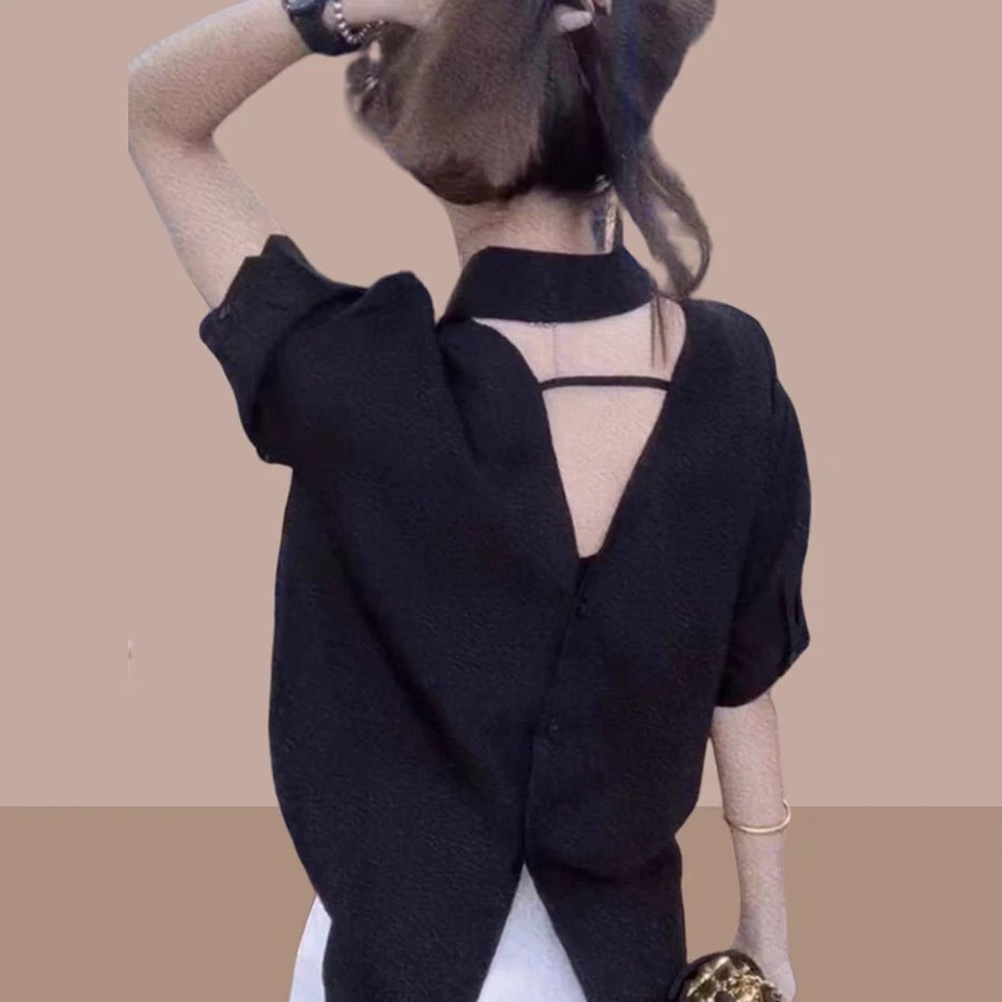 衬衫短袖小众设计感露背夏季宽松新款衬衣时尚上衣女装洋气2025年