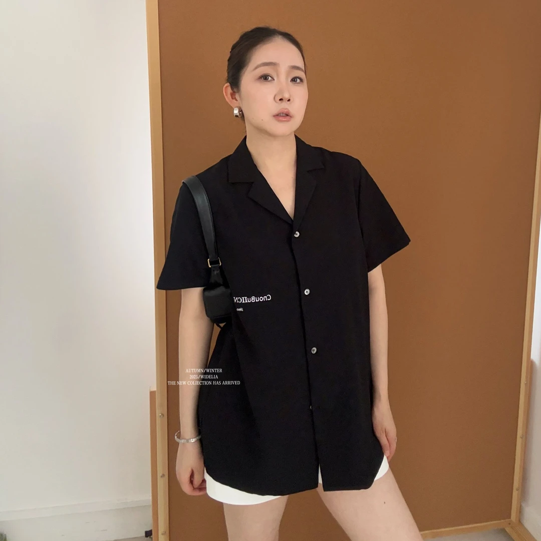widelia陈姬儿夏季韩系设计感字母刺绣衬衫宽松百搭短袖上衣7326
