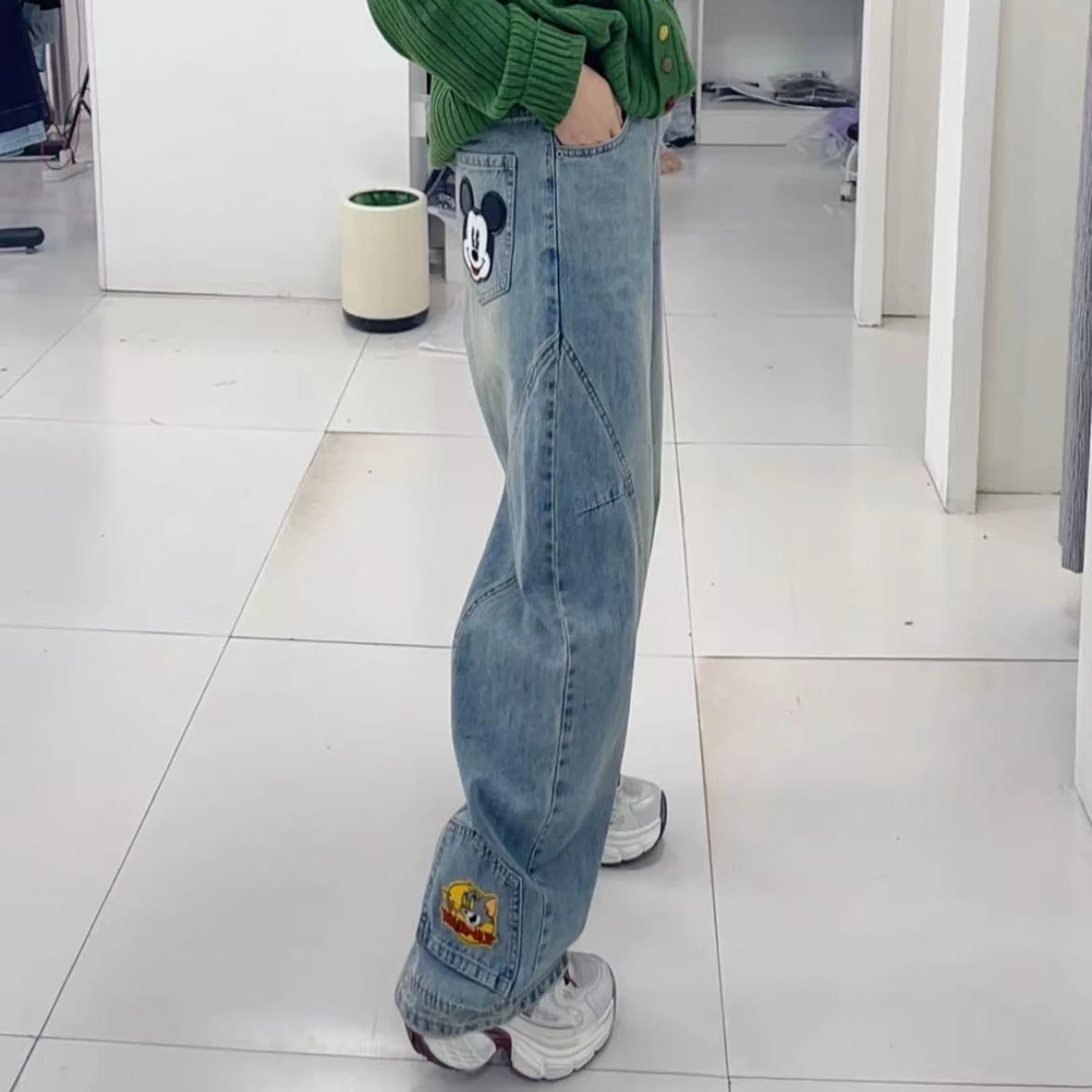 小景推荐S103欧版米奇拼接牛仔弯刀裤-70117牛仔裤宽松裤子阔腿裤